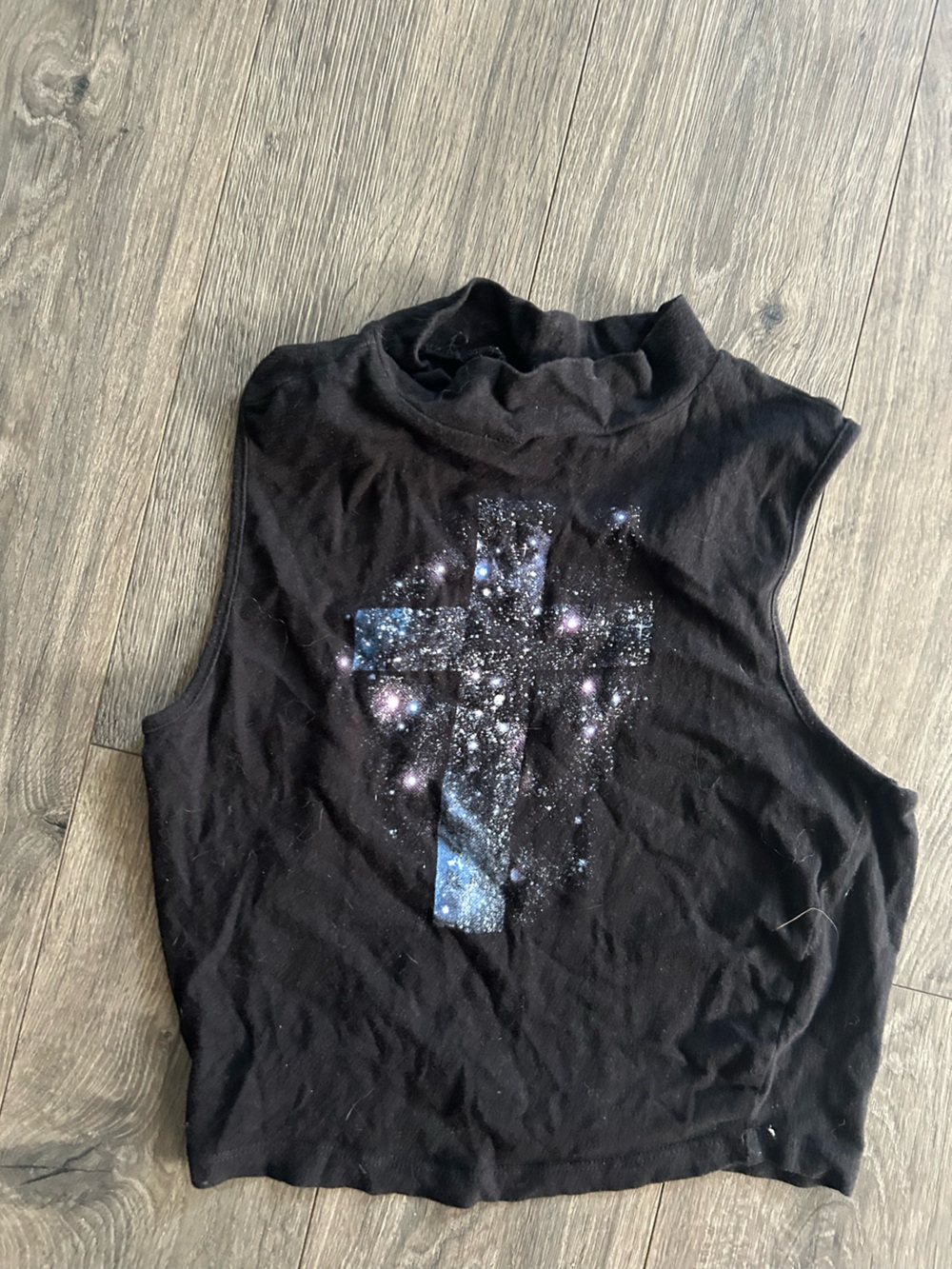 Rue21 Black Sleeveless Mock Neck Crop Top with Galaxy Cross